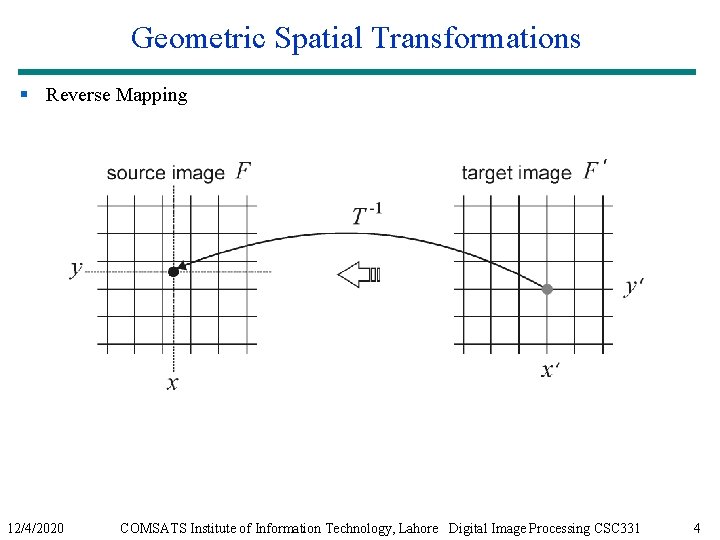 Geometric Spatial Transformations § Reverse Mapping 12/4/2020 COMSATS Institute of Information Technology, Lahore Digital