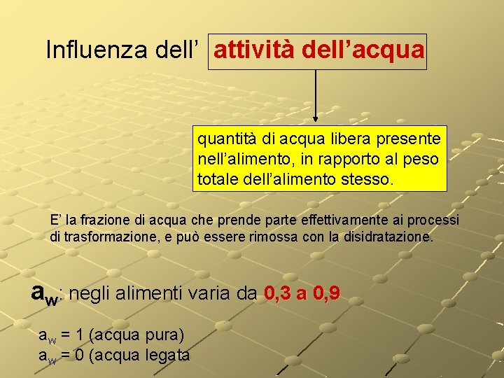 Influenza dell’ attività dell’acqua quantità di acqua libera presente nell’alimento, in rapporto al peso Influenza dell’ attività dell’acqua quantità di acqua libera presente nell’alimento, in rapporto al peso