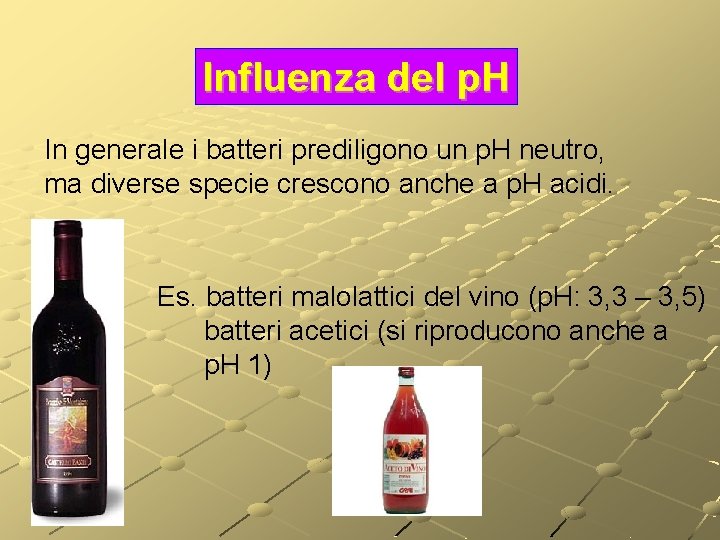 Influenza del p. H In generale i batteri prediligono un p. H neutro, ma Influenza del p. H In generale i batteri prediligono un p. H neutro, ma