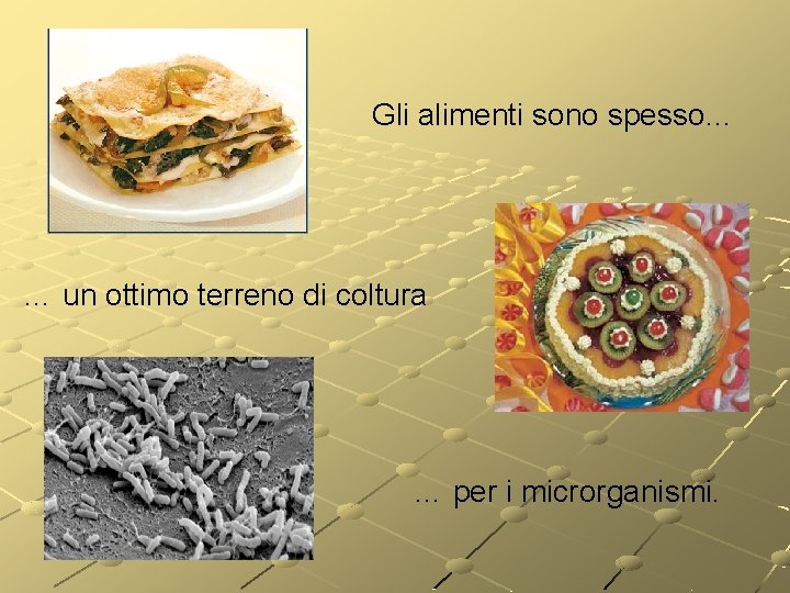 Gli alimenti sono spesso… … un ottimo terreno di coltura … per i microrganismi. Gli alimenti sono spesso… … un ottimo terreno di coltura … per i microrganismi.