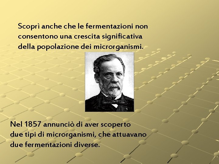 Scoprì anche le fermentazioni non consentono una crescita significativa della popolazione dei microrganismi. Nel Scoprì anche le fermentazioni non consentono una crescita significativa della popolazione dei microrganismi. Nel