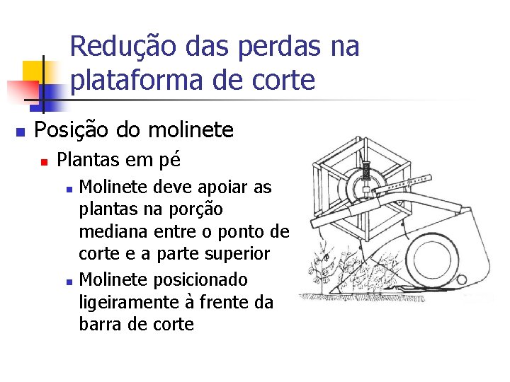 Redução das perdas na plataforma de corte n Posição do molinete n Plantas em