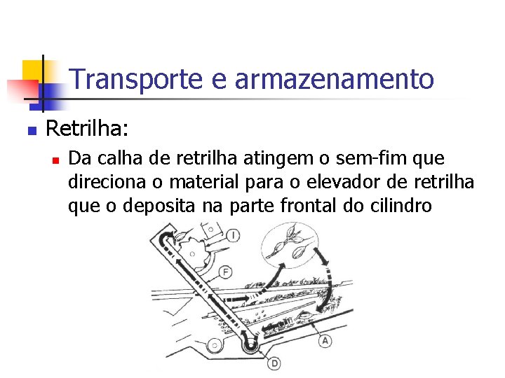 Transporte e armazenamento n Retrilha: n Da calha de retrilha atingem o sem-fim que