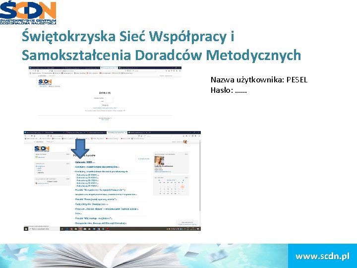 Świętokrzyska Sieć Współpracy i Samokształcenia Doradców Metodycznych Nazwa użytkownika: PESEL Hasło: …… www. scdn.