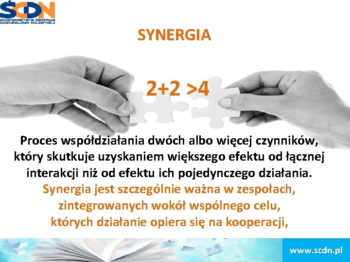 SYNERGIA 2+2 >4 Proces współdziałania dwóch albo więcej czynników, który skutkuje uzyskaniem większego efektu