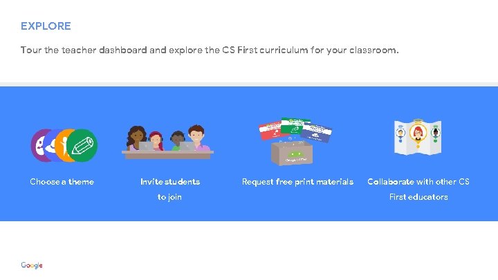 EXPLORE Tour the teacher dashboard and explore the CS First curriculum for your classroom.