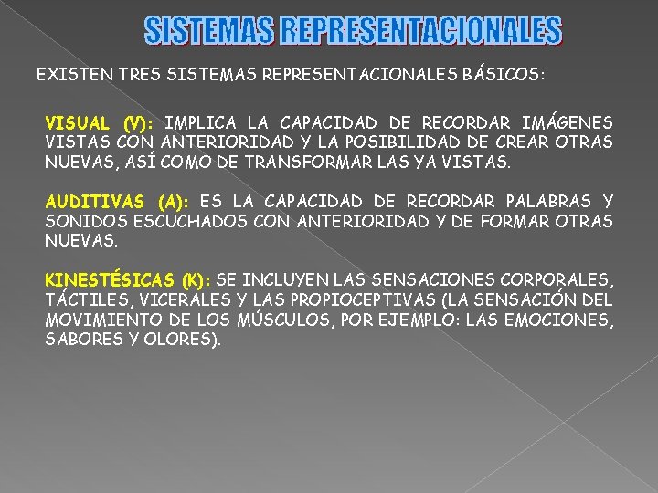 EXISTEN TRES SISTEMAS REPRESENTACIONALES BÁSICOS: VISUAL (V): IMPLICA LA CAPACIDAD DE RECORDAR IMÁGENES VISTAS
