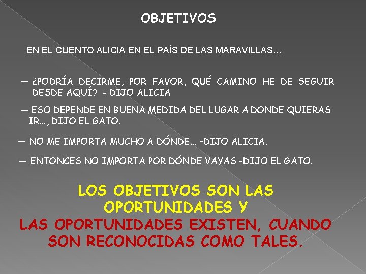 OBJETIVOS EN EL CUENTO ALICIA EN EL PAÍS DE LAS MARAVILLAS… — ¿PODRÍA DECIRME,