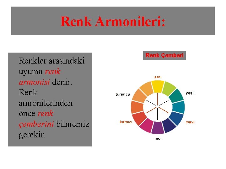 Renk Armonileri: Renkler arasındaki uyuma renk armonisi denir. Renk armonilerinden önce renk çemberini bilmemiz