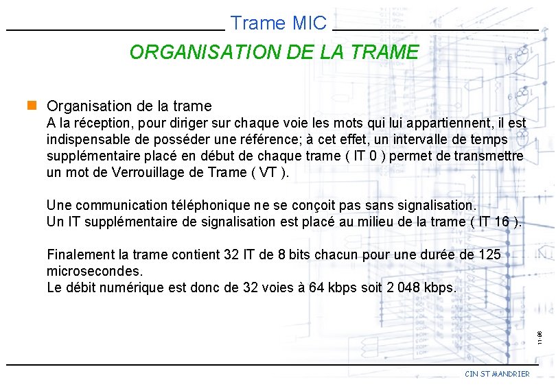 Trame MIC ORGANISATION DE LA TRAME n Organisation de la trame A la réception,