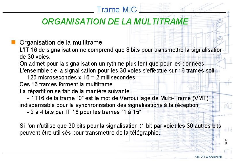 Trame MIC ORGANISATION DE LA MULTITRAME n Organisation de la multitrame L'IT 16 de