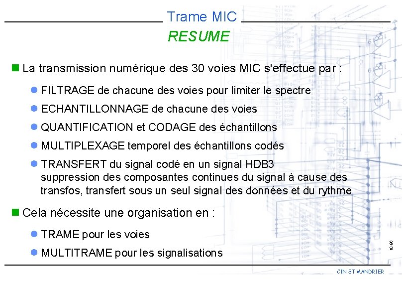 Trame MIC RESUME n La transmission numérique des 30 voies MIC s'effectue par :
