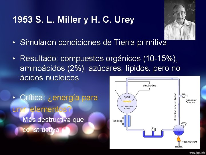 1953 S. L. Miller y H. C. Urey • Simularon condiciones de Tierra primitiva