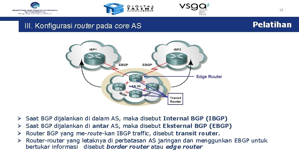 18 III. Konfigurasi router pada core AS Ø Ø Pelatihan Saat BGP dijalankan di