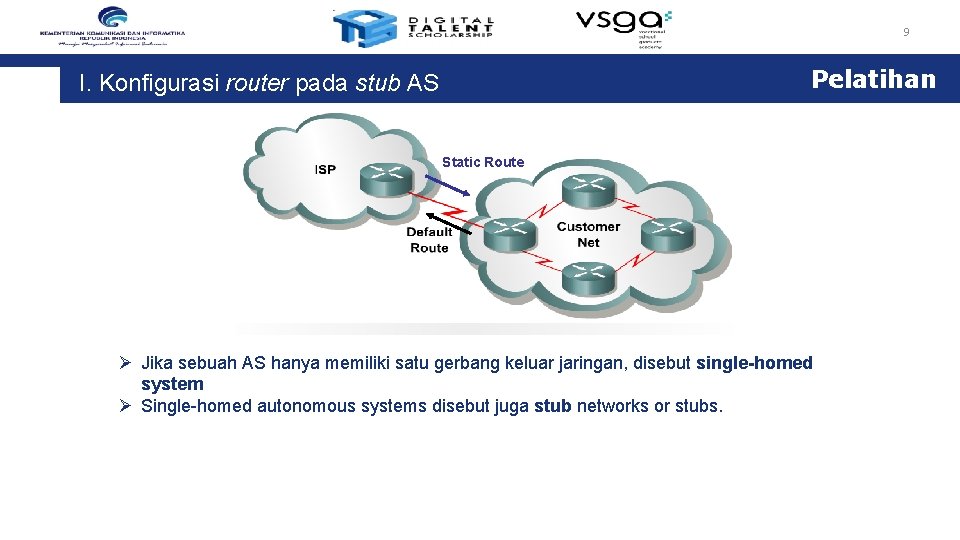 9 Pelatihan I. Konfigurasi router pada stub AS Static Route Ø Jika sebuah AS