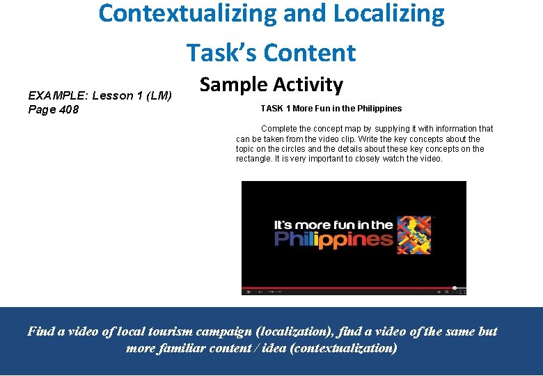 Contextualizing and Localizing Task’s Content EXAMPLE: Lesson 1 (LM) Page 408 Sample Activity TASK