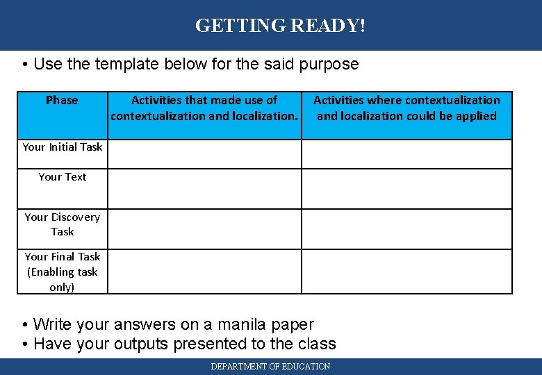 GETTING READY! • Use the template below for the said purpose Phase Activities that
