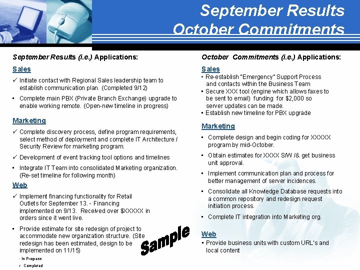 September Results October Commitments September Results (i. e. ) Applications: October Commitments (i. e.