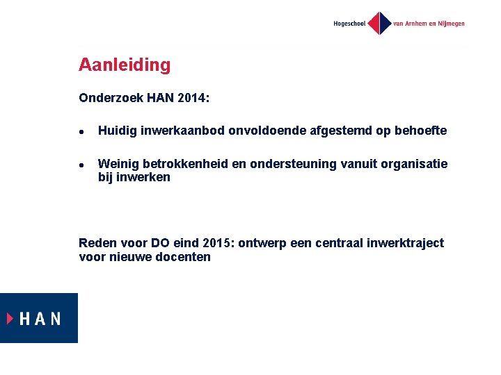 Aanleiding Onderzoek HAN 2014: l l Huidig inwerkaanbod onvoldoende afgestemd op behoefte Weinig betrokkenheid