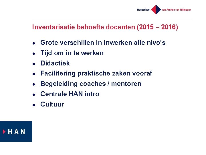 Inventarisatie behoefte docenten (2015 – 2016) l Grote verschillen in inwerken alle nivo’s l