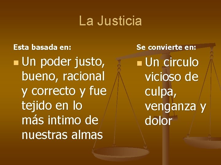 La Justicia Esta basada en: Se convierte en: n Un poder justo, n Un