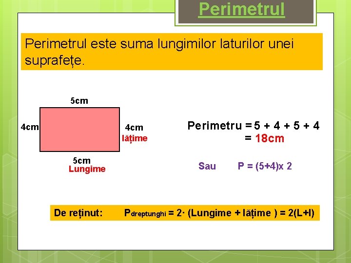 Perimetrul este suma lungimilor laturilor unei suprafețe. 5 cm 4 cm lățime 5 cm