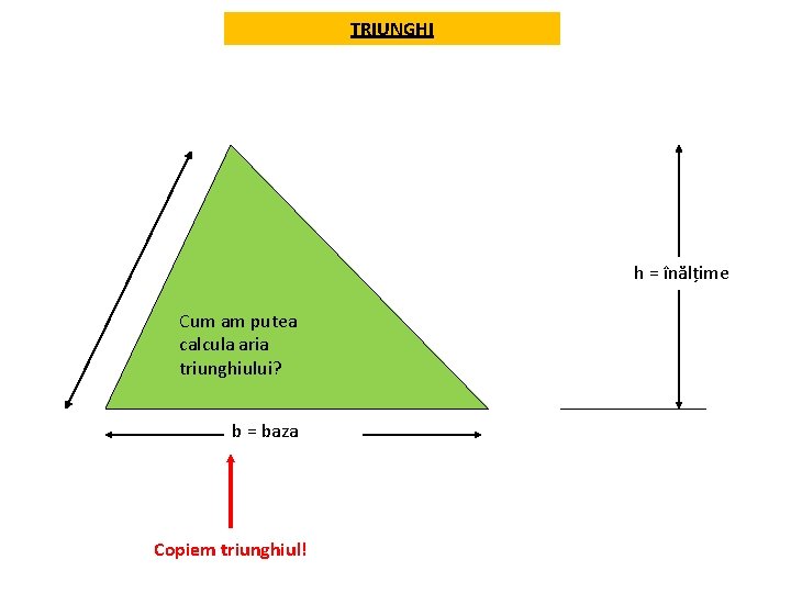 TRIUNGHI h = înălțime Cum am putea calcula aria triunghiului? b = baza Copiem