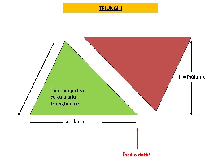 TRIUNGHI h = înălțime Cum am putea calcula aria triunghiului? b = baza Încă