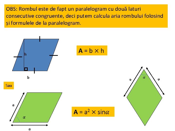 OBS: Rombul este de fapt un paralelogram cu două laturi consecutive congruente, deci putem
