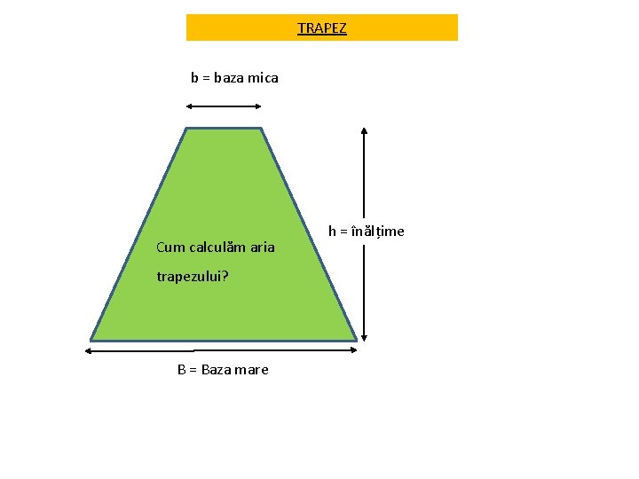 TRAPEZ b = baza mica Cum calculăm aria trapezului? B = Baza mare h
