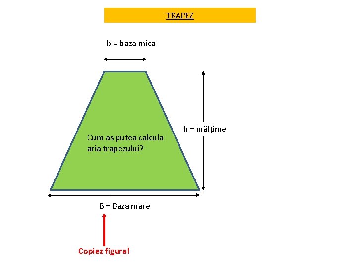 TRAPEZ b = baza mica Cum as putea calcula aria trapezului? B = Baza