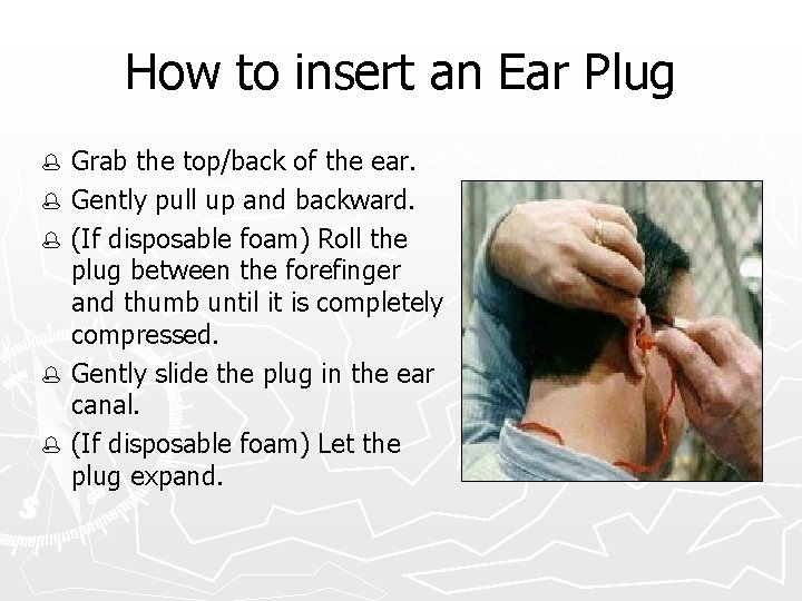 How to insert an Ear Plug % % % Grab the top/back of the