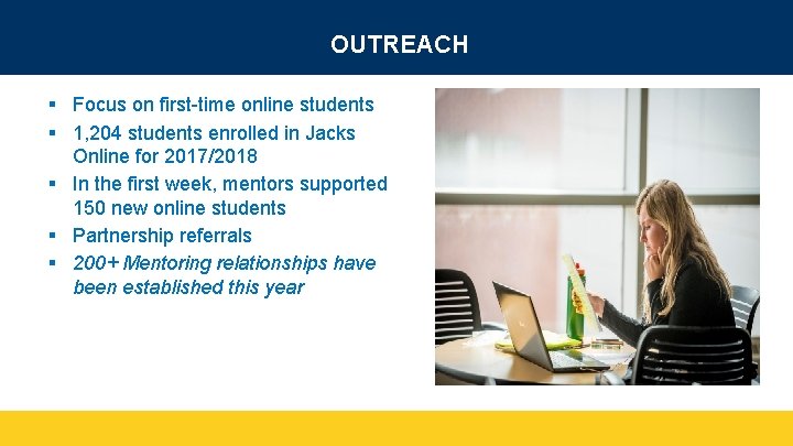 OUTREACH § Focus on first-time online students § 1, 204 students enrolled in Jacks
