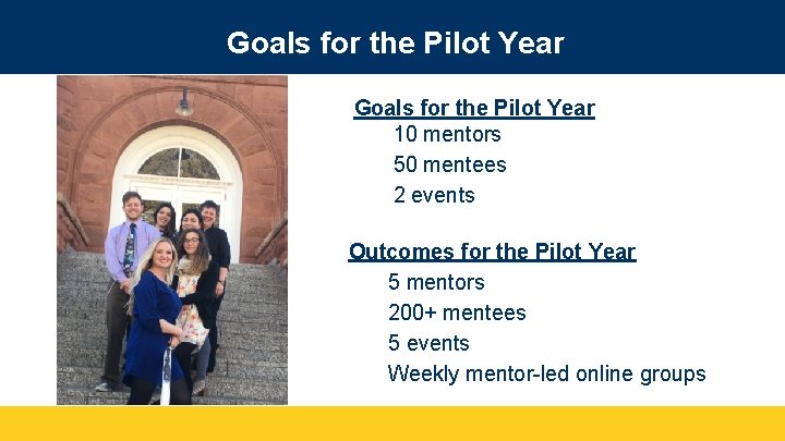 Goals for the Pilot Year 10 mentors 50 mentees 2 events Outcomes for the