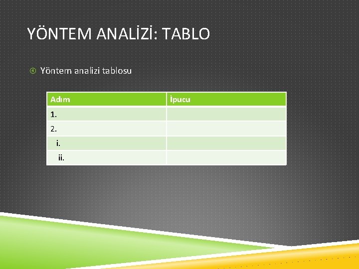 YÖNTEM ANALİZİ: TABLO Yöntem analizi tablosu Adım 1. 2. i. ii. İpucu 
