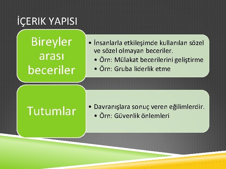 İÇERIK YAPISI Bireyler arası beceriler • İnsanlarla etkileşimde kullanılan sözel ve sözel olmayan beceriler.