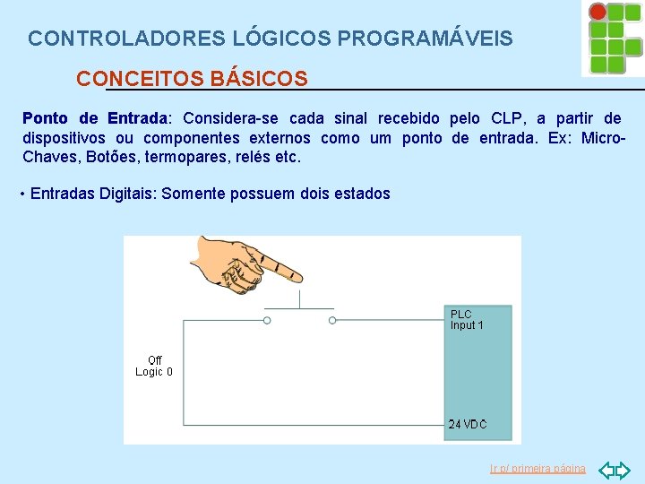 CONTROLADORES LÓGICOS PROGRAMÁVEIS CONCEITOS BÁSICOS Ponto de Entrada: Considera-se cada sinal recebido pelo CLP,