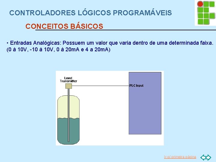 CONTROLADORES LÓGICOS PROGRAMÁVEIS CONCEITOS BÁSICOS • Entradas Analógicas: Possuem um valor que varia dentro