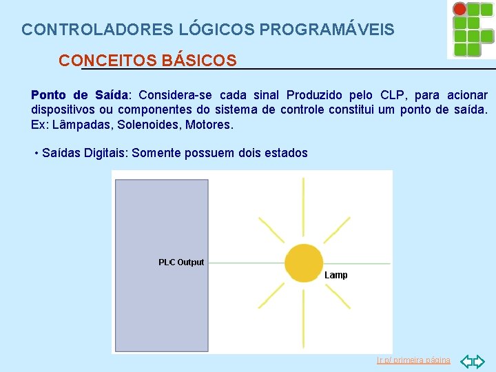 CONTROLADORES LÓGICOS PROGRAMÁVEIS CONCEITOS BÁSICOS Ponto de Saída: Considera-se cada sinal Produzido pelo CLP,