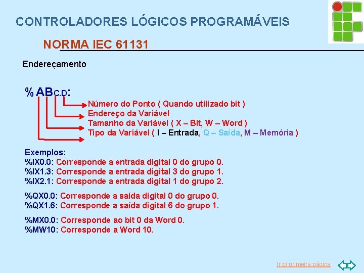 CONTROLADORES LÓGICOS PROGRAMÁVEIS NORMA IEC 61131 Endereçamento %ABC. D: Número do Ponto ( Quando
