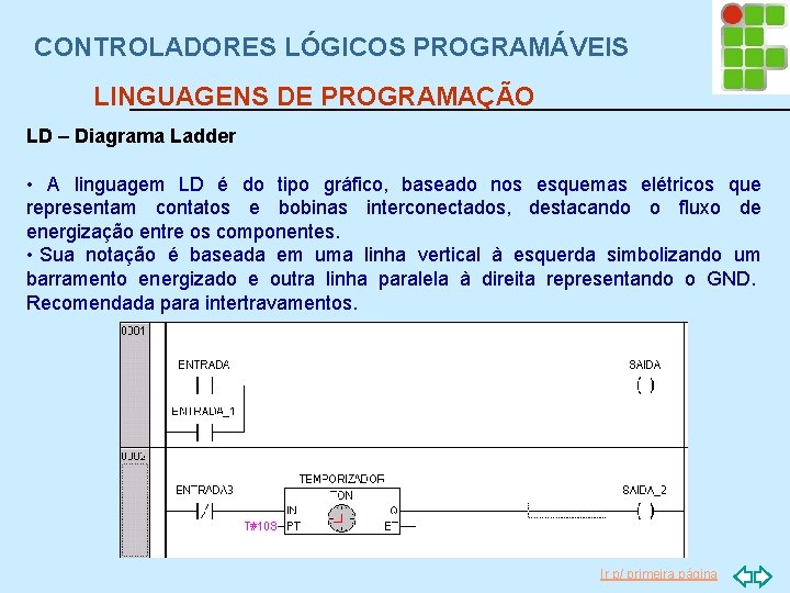 CONTROLADORES LÓGICOS PROGRAMÁVEIS LINGUAGENS DE PROGRAMAÇÃO LD – Diagrama Ladder • A linguagem LD