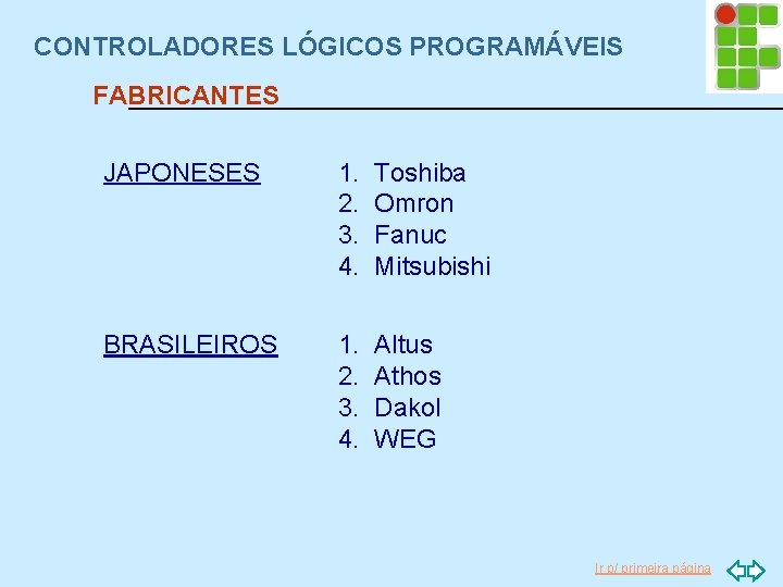 CONTROLADORES LÓGICOS PROGRAMÁVEIS FABRICANTES JAPONESES 1. 2. 3. 4. Toshiba Omron Fanuc Mitsubishi BRASILEIROS