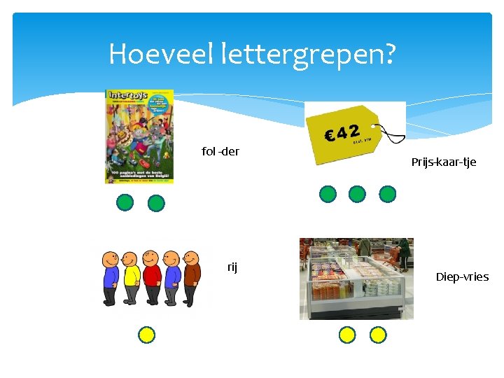 Hoeveel lettergrepen? fol -der rij Prijs-kaar-tje Diep-vries 