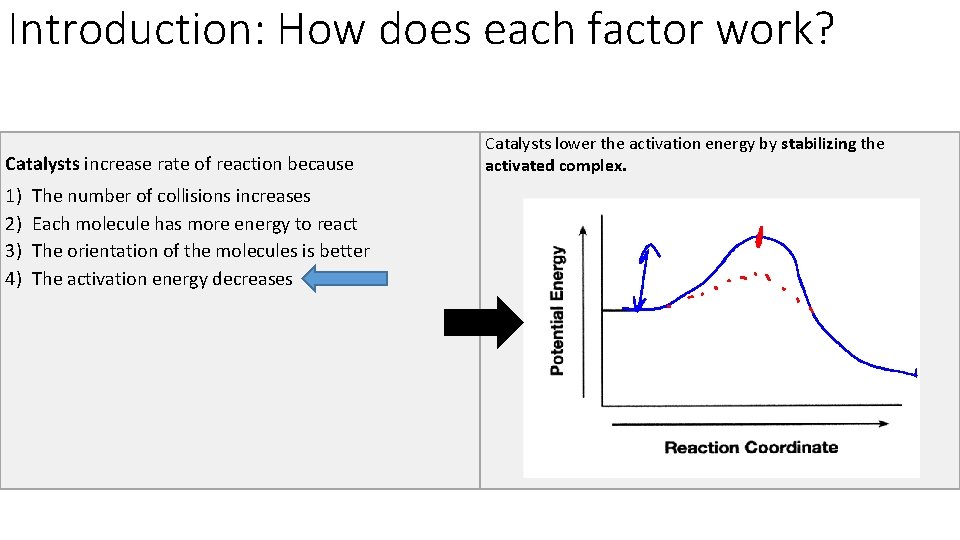 Introduction: How does each factor work? Catalysts increase rate of reaction because 1) 2)