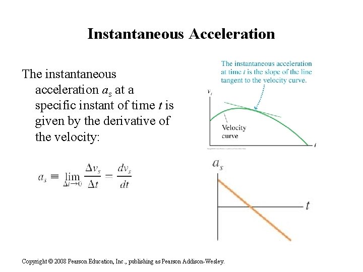 Instantaneous Acceleration The instantaneous acceleration as at a specific instant of time t is Instantaneous Acceleration The instantaneous acceleration as at a specific instant of time t is