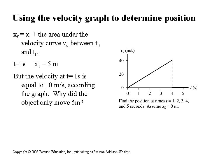 Using the velocity graph to determine position xf = xi + the area under Using the velocity graph to determine position xf = xi + the area under