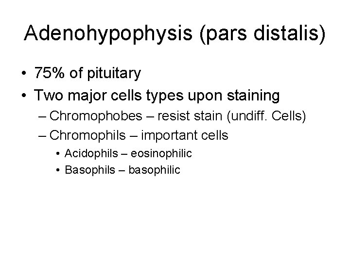 Adenohypophysis (pars distalis) • 75% of pituitary • Two major cells types upon staining