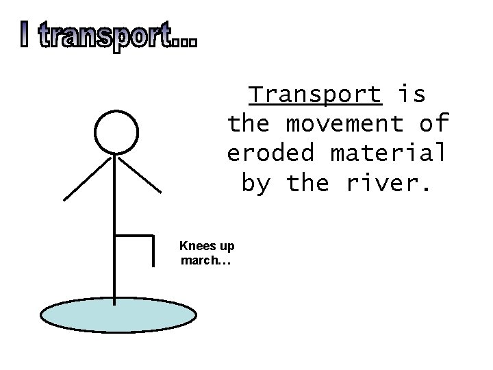 Transport is the movement of eroded material by the river. Knees up march… 