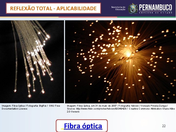 REFLEXÃO TOTAL - APLICABILIDADE Imagem: Fibra óptica / Fotografia: Big. Riz / GNU Free REFLEXÃO TOTAL - APLICABILIDADE Imagem: Fibra óptica / Fotografia: Big. Riz / GNU Free