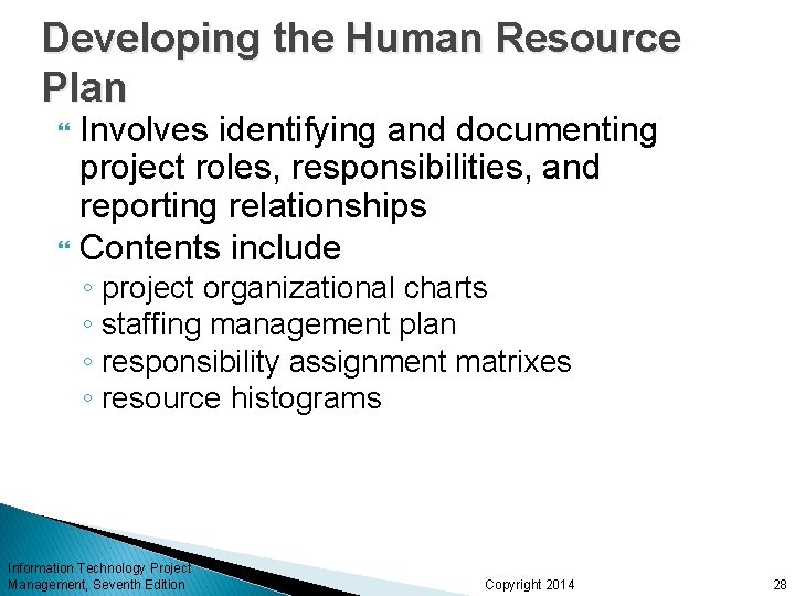 Developing the Human Resource Plan Involves identifying and documenting project roles, responsibilities, and reporting